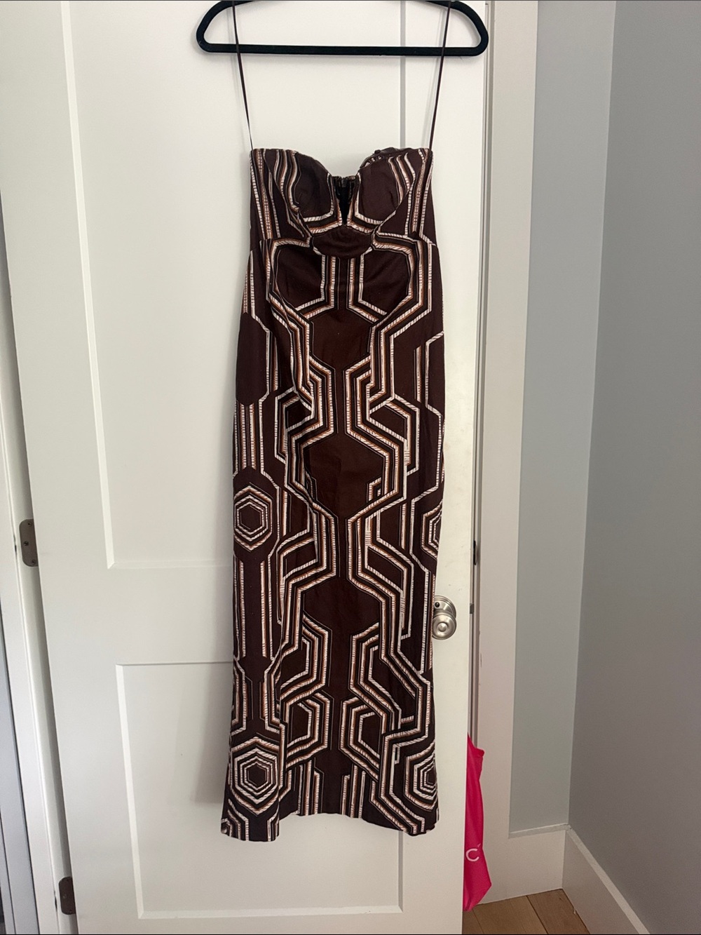 Anthropologie Strapless Geometric Midi Dress in Brown and Cream